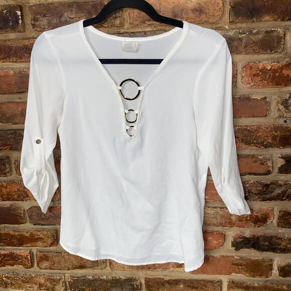 Tovia White Gold Grommet Long Roll-Tab Sleeve Blouse Women's Size Small - Picture 1 of 5